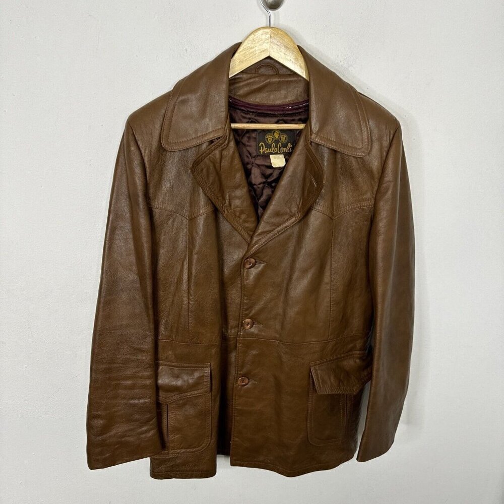 Vintage Paulo Conti Men 40 Brown 70s‎ Leather Coat Removable Lining Hippie